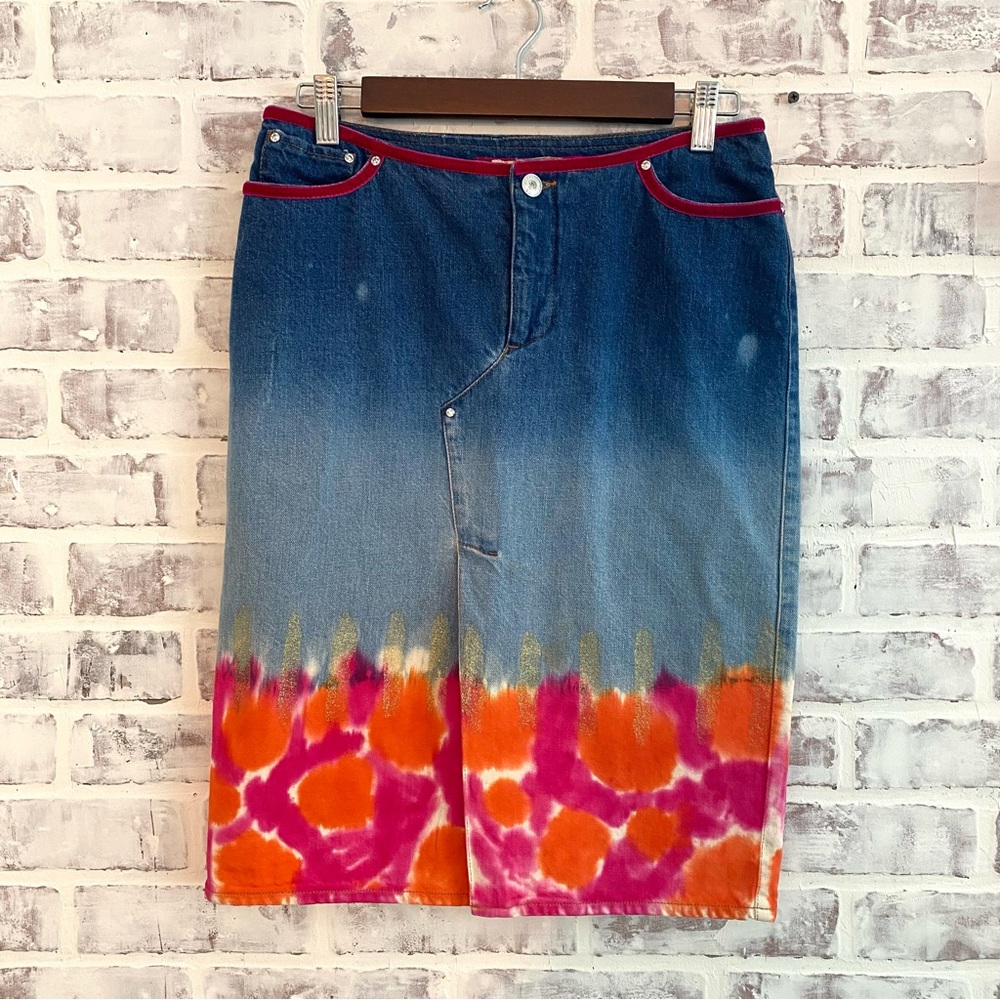 Voyage Passion • Vintage Designer Denim Skirt • Orange & Pink Velvet Rhinestone